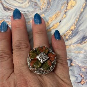 Sarda Ring, Sterling Silver and carved Unikite, size 8